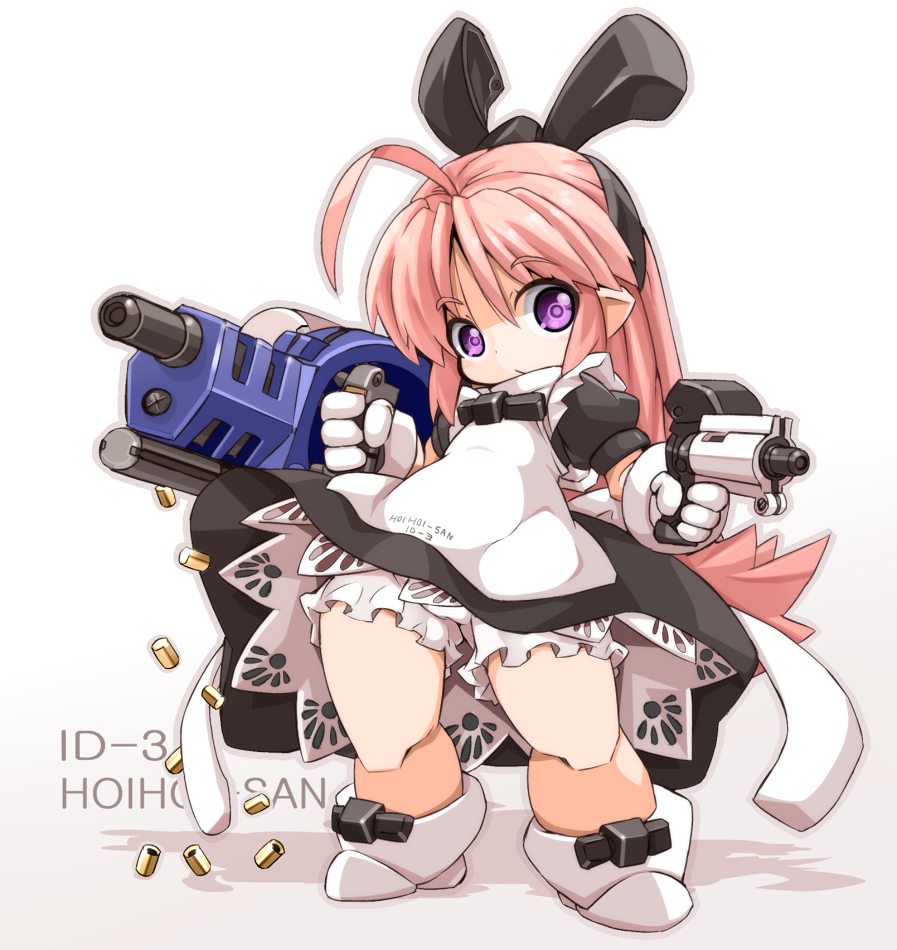 ahoge boots chibi dual_wielding gloves gun hoihoi-san holding ichigeki_sacchuu!!_hoihoi-san karukan_(monjya) long_hair maid md5_mismatch minigirl pink_hair purple_eyes solo weapon