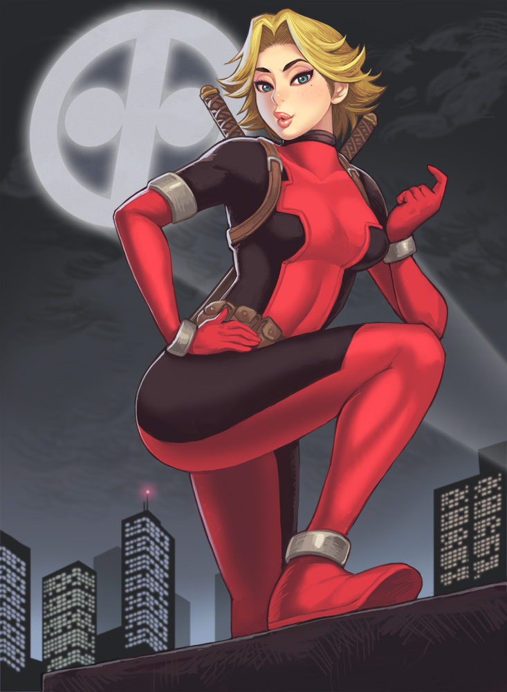 alternate_hair_length alternate_hairstyle anklet armlet bad_id bad_pixiv_id beckoning belt belt_pouch blonde_hair blue_eyes bodysuit bracer breasts breath buckle building city come_hither flipped_hair gloves hand_on_hip jewelry knee_up lady_deadpool lips logo looking_at_viewer maou_alba marvel medium_breasts mole mole_under_eye multiple_swords night night_sky no_mask outdoors pouch pursed_lips rooftop short_hair sky skyscraper solo spotlight superhero sword thighs turtleneck utility_belt wanda_wilson weapon