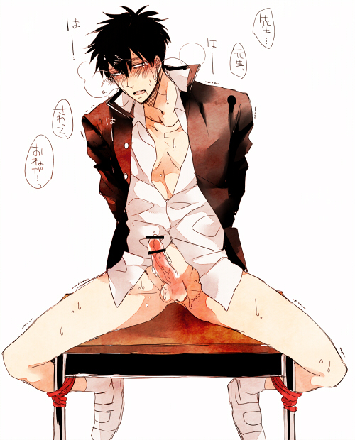 1boy aiharasuke bar_censor blush bottomless censored cum desk gakuran gintama heavy_breathing hijikata_toushirou looking_at_viewer male_focus penis pov restrained sanpaku school_uniform simple_background solo student sweat uwabaki white_background yaoi