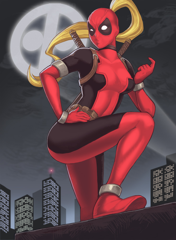 bad_id bad_pixiv_id beckoning blonde_hair blue_eyes bodysuit breath come_hither hand_on_hip lady_deadpool long_hair looking_at_viewer maou_alba marvel mask ponytail solo thighs wanda_wilson