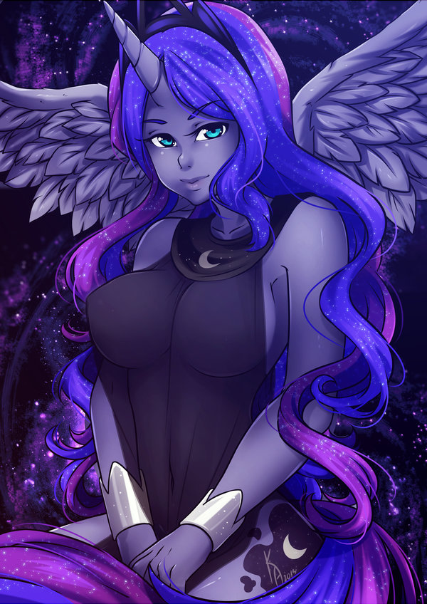 2015 anthro blue_eyes blue_skin clothed clothing cutie_mark equine feathered_wings feathers featureless_breasts female friendship_is_magic hair horn kirael-art long_hair looking_at_viewer mammal multicolored_hair my_little_pony navel princess_luna_(mlp) solo translucent transparent_clothing two_tone_hair winged_unicorn wings