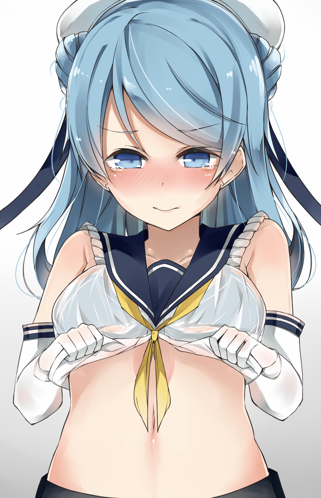 blue_hair blush bra breasts cole kantai_collection medium_breasts navel see-through shirt_lift solo underwear urakaze_(kantai_collection) yellow_neckwear