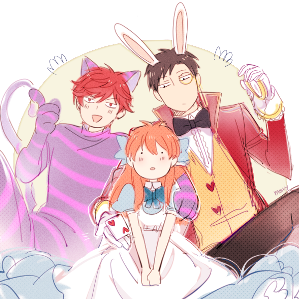 2boys alice_(wonderland) alice_(wonderland)_(cosplay) alice_in_wonderland animal_ears apron bad_id bad_pixiv_id black_hair bow bowtie bunny_ears card cat_ears cheshire_cat cheshire_cat_(cosplay) cosplay dress gekkan_shoujo_nozaki-kun gloves mery_(apfl0515) mikoshiba_mikoto monocle multiple_boys nozaki_umetarou open_mouth orange_hair playing_card pocket_watch red_hair sakura_chiyo smile watch white_gloves white_rabbit white_rabbit_(cosplay)