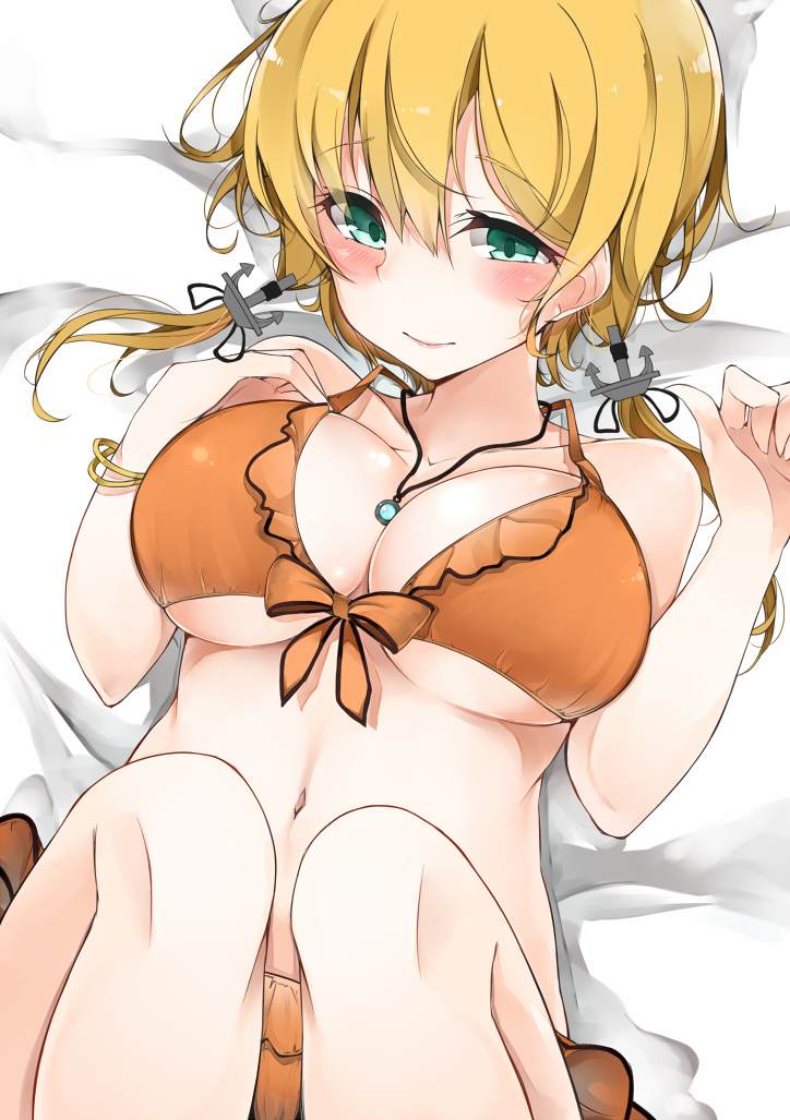 anchor_hair_ornament bikini blonde_hair blush breasts cole hair_ornament jewelry kantai_collection large_breasts long_hair necklace prinz_eugen_(kantai_collection) solo swimsuit twintails