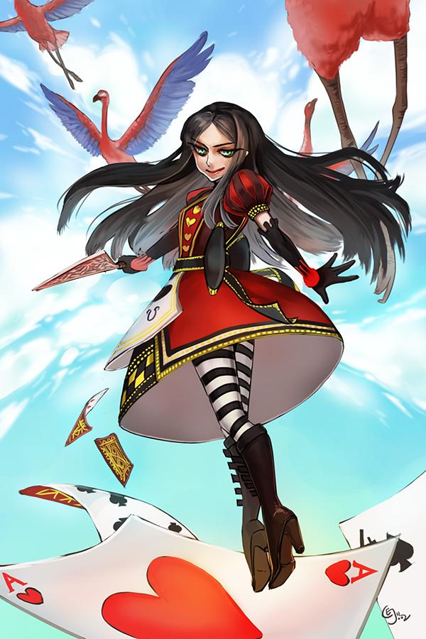 alice:_madness_returns alice_in_wonderland alice_liddell american_mcgee's_alice american_mcgee's_alice birds black_hair boots cards elbow_gloves gloves high_heel_boots high_heels knife long_hair striped_legwear thighhighs