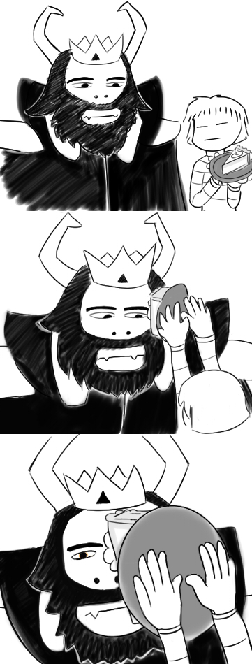 ambiguous_gender asgore_dreemurr beard caprine crown facial_hair food goat horn human male mammal monochrome pie protagonist_(undertale) undertale unknown_artist