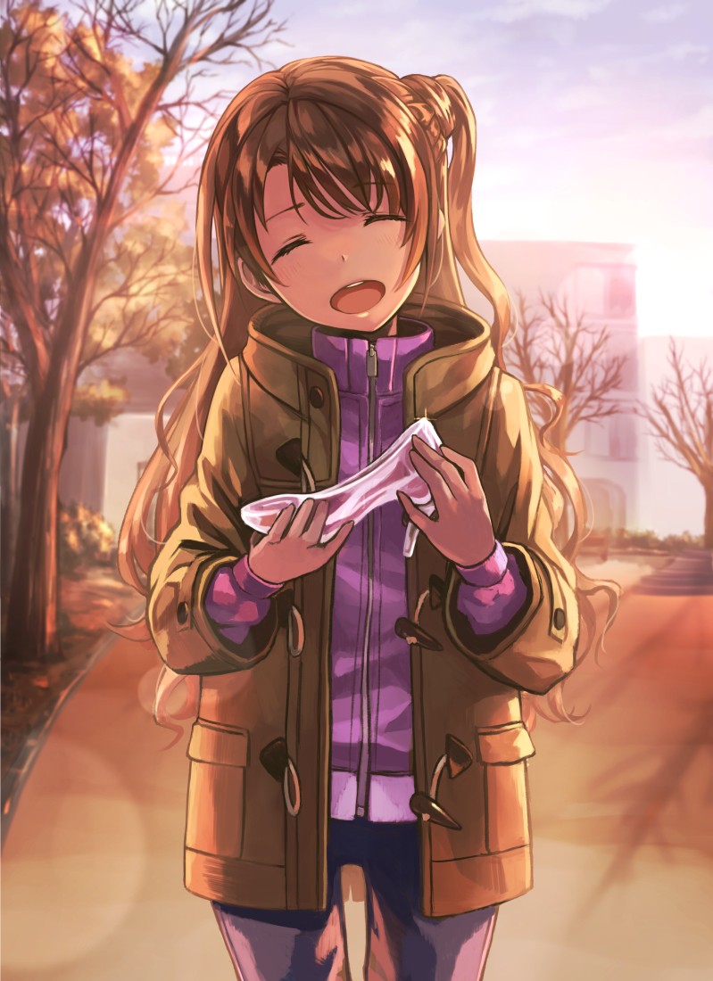 :d ^_^ autumn bangs bare_tree blush brown_coat brown_hair building closed_eyes coat cowboy_shot facing_viewer glass_slipper head_tilt holding holding_shoes hyp idolmaster idolmaster_cinderella_girls jacket lens_flare long_hair long_sleeves one_side_up open_clothes open_coat open_mouth outdoors overcoat purple_jacket shimamura_uzuki shoes smile solo sunlight sunset track_jacket tree unfastened zipper