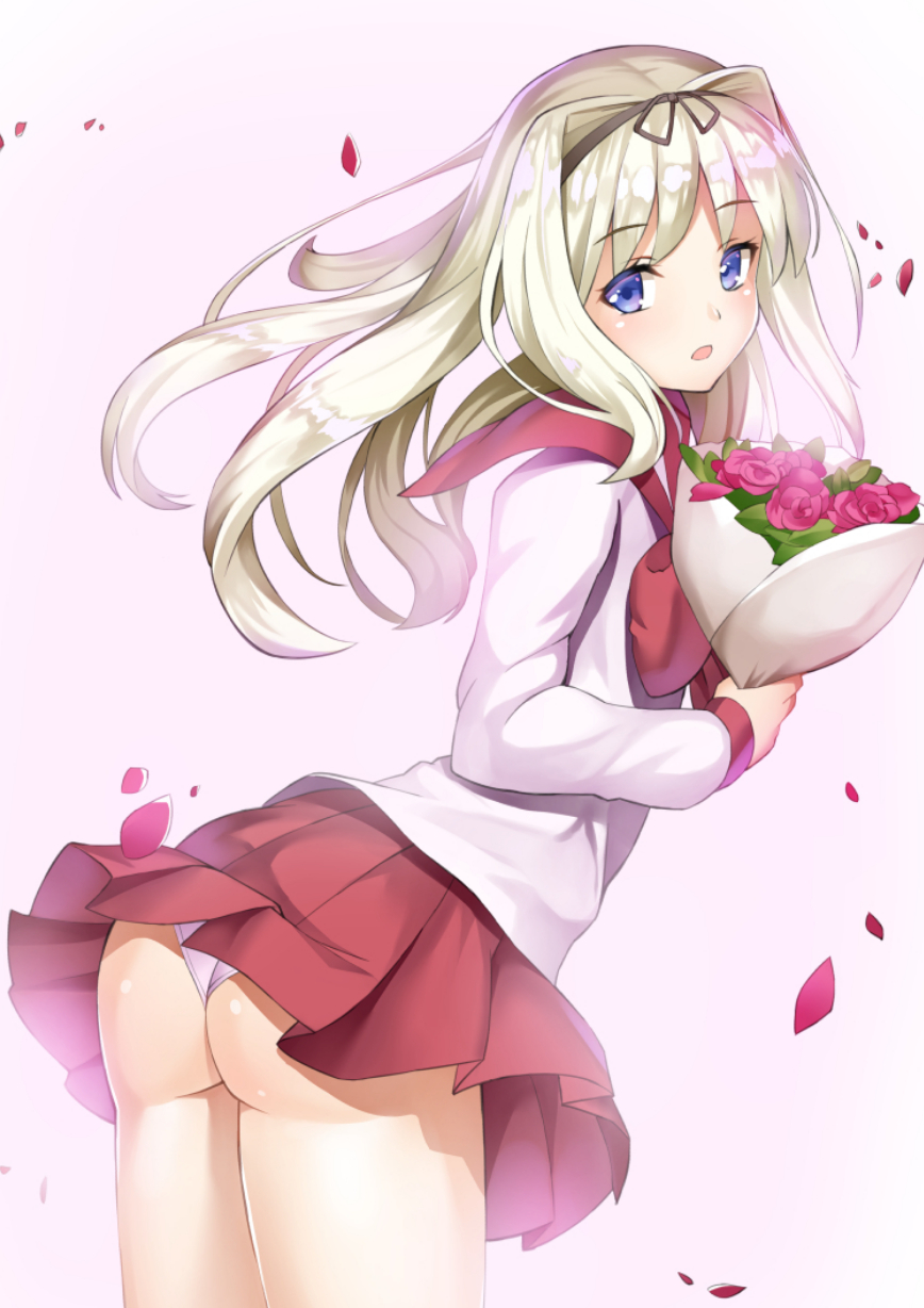 :o ass blonde_hair bouquet flower hair_ribbon highres kusugawa_sasara long_hair panties petals pink_background pink_panties pleated_skirt purple_eyes red_skirt ribbon rose rose_petals school_uniform simple_background skirt solo thighs to_heart_2 totto underwear wind