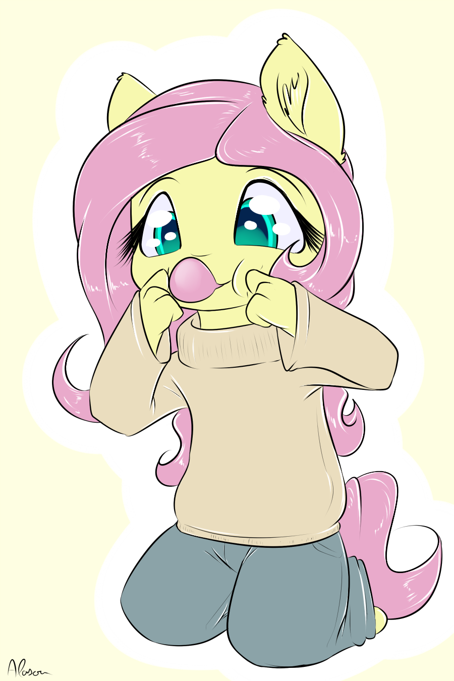 2015 alasou anthro anthrofied bubble_gum chibi clothing equine female fluttershy_(mlp) friendship_is_magic fur hair horse mammal my_little_pony pink_hair pony solo sweater teal_eyes yellow_fur