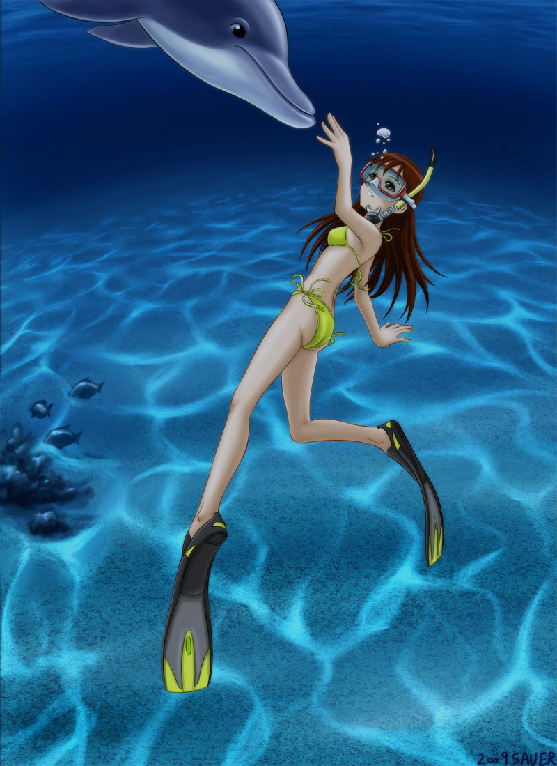 air_bubble bikini breath brown_hair bubble diving diving_mask diving_mask_on_eyes dolphin fish flippers freediving holding_breath long_hair ocean_bottom original sand saver_(artbysaver) smile snorkel solo swimming swimsuit underwater yellow_bikini