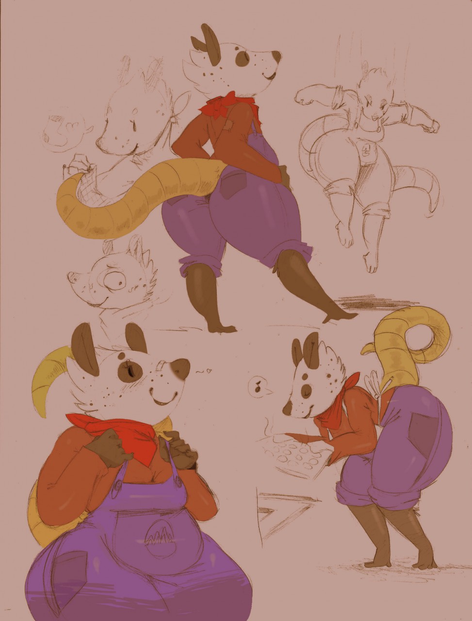 &lt;3 anthro apron bandage barefoot big_butt blush breasts butt clothing eyelashes eyes_closed female legwear mammal marsupial musical_note neckerchief opossum overalls poppy_opossum poppy_opossum_(character) smile socks solo thick_thighs unknown_artist wide_hips
