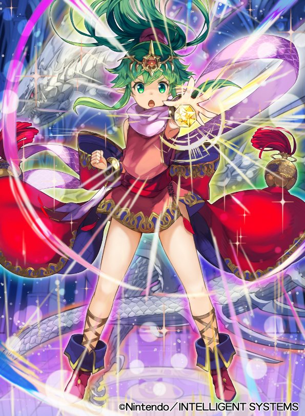 1girl bangs boots bracelet chiki clenched_hand company_name copyright_name dragon dress fire_emblem fire_emblem:_monshou_no_nazo fire_emblem_cipher full_body green_eyes green_hair jewelry kurosawa_tetsu long_hair looking_at_viewer nintendo official_art open_mouth pink_dress pointy_ears ponytail ribbon scarf short_dress sidelocks sleeveless sleeveless_dress solo sparkle standing stone tiara