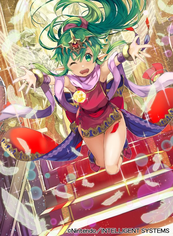 1girl bangs bracelet chiki company_name copyright_name dress fire_emblem fire_emblem:_monshou_no_nazo fire_emblem_cipher green_eyes green_hair jewelry kurosawa_tetsu long_hair looking_at_viewer nintendo official_art open_mouth pointy_ears ponytail short_dress sleeveless solo tiara