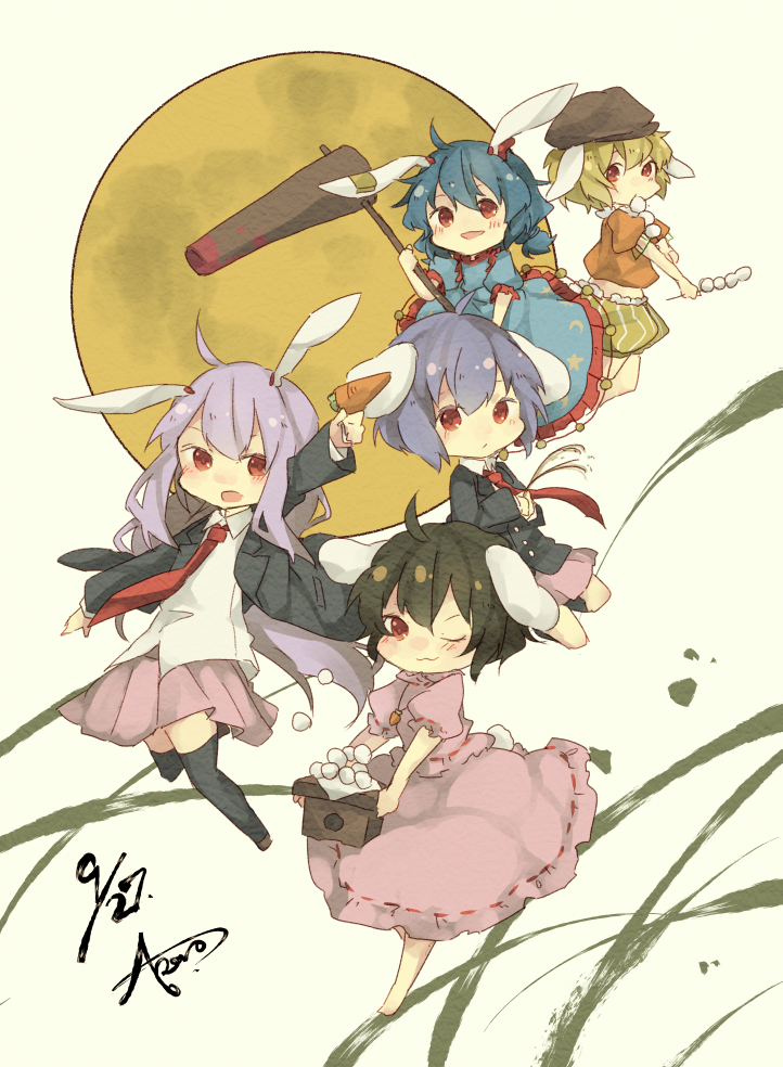 :3 animal_ears black_hair black_legwear blazer blonde_hair blood bloody_weapon blue_dress blue_hair bunny_ears carrot dango dress eating flat_cap floppy_ears food gensou_aporo gun handgun hat inaba_tewi jacket kine long_sleeves looking_at_viewer mallet moon multiple_girls odd_one_out one_eye_closed open_blazer open_clothes open_jacket open_mouth orange_shirt pink_dress puffy_short_sleeves puffy_shorts puffy_sleeves purple_hair red_eyes reisen reisen_udongein_inaba ringo_(touhou) seiran_(touhou) shirt short_sleeves shorts skewer skirt thighhighs touhou tsukimi_dango untucked untucked_shirt wagashi weapon zettai_ryouiki