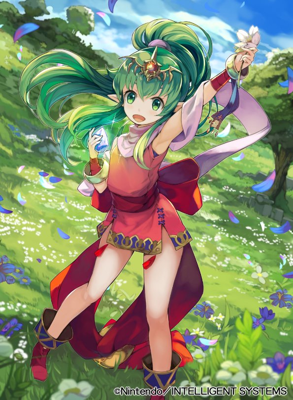 1girl bangs bracelet chiki company_name copyright_name dress fire_emblem fire_emblem:_monshou_no_nazo fire_emblem_cipher green_eyes green_hair jewelry kurosawa_tetsu long_hair looking_at_viewer nintendo official_art open_mouth pointy_ears ponytail short_dress sleeveless solo tiara