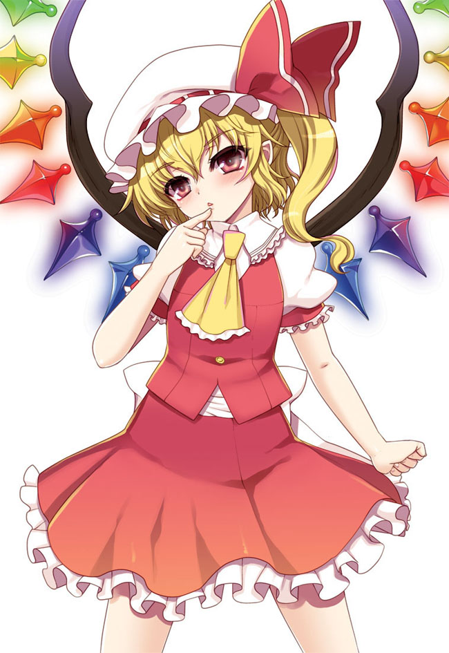 ascot blonde_hair bow finger_to_mouth flandre_scarlet hanao_(kuma-tan_flash!) hat hat_bow mob_cap red_eyes sash side_ponytail solo touhou white_background wings