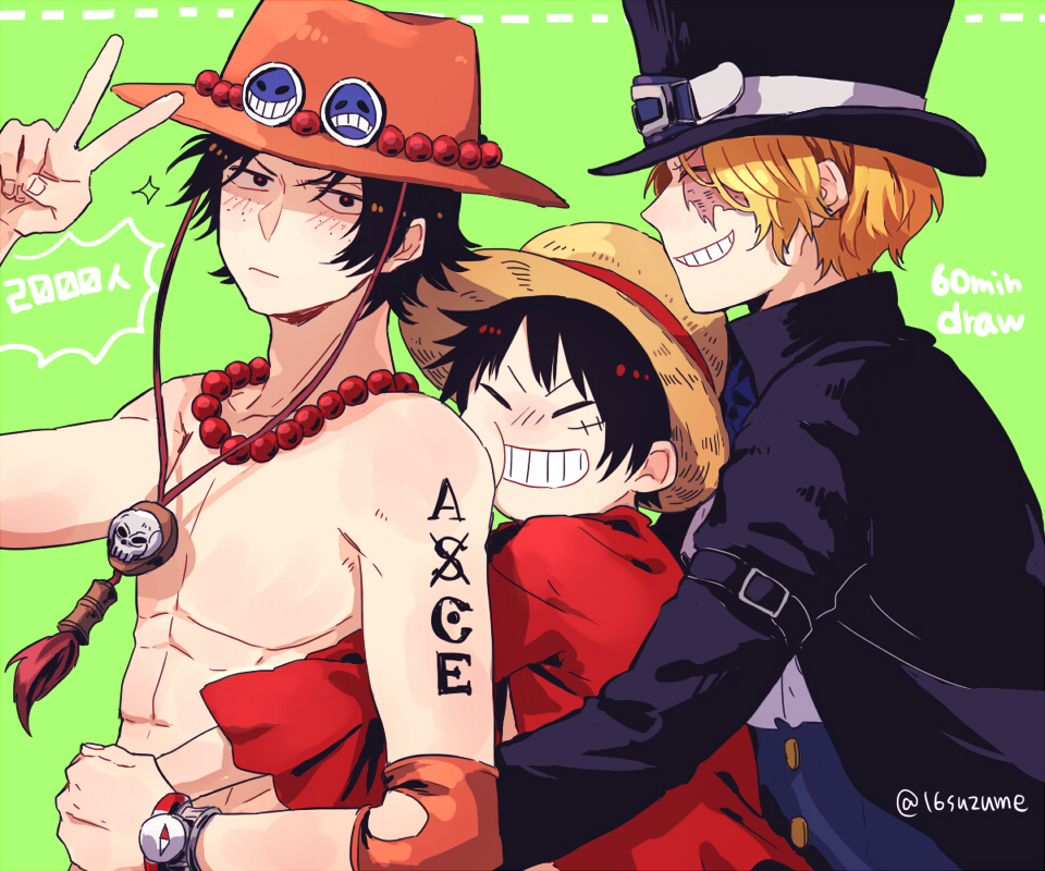 black_hair blonde_hair compass green_background hat hug hug_from_behind male_focus monkey_d_luffy multiple_boys one_piece portgas_d_ace sabo simple_background smile somemiya_suzume straw_hat tattoo twitter_username upper_body v