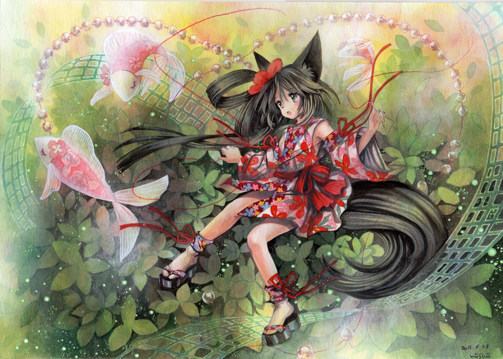 abstract_background animal_ears beads black_eyes black_hair carp dated detached_sleeves fish floating_hair floral_print holding_needle japanese_clothes kimono light_particles long_hair mosho needle open_mouth original platform_footwear red_string sandals signature solo string tail traditional_media very_long_hair watercolor_(medium) yukata