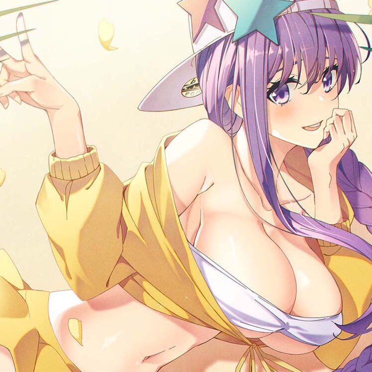 1girl backwards_hat bandeau bangs baseball_cap bb_(fate)_(all) bb_(swimsuit_mooncancer)_(fate) blush braid breasts cropped_jacket eyebrows_visible_through_hair fate/extra fate/extra_ccc fate/grand_order fate_(series) hair_between_eyes hat jacket large_breasts long_hair long_sleeves looking_at_viewer navel pleated_skirt purple_eyes purple_hair rei_(pixiv_187780) single_braid skirt smile solo star star_hat_ornament stomach thighs v very_long_hair white_bikini_top white_hat yellow_jacket