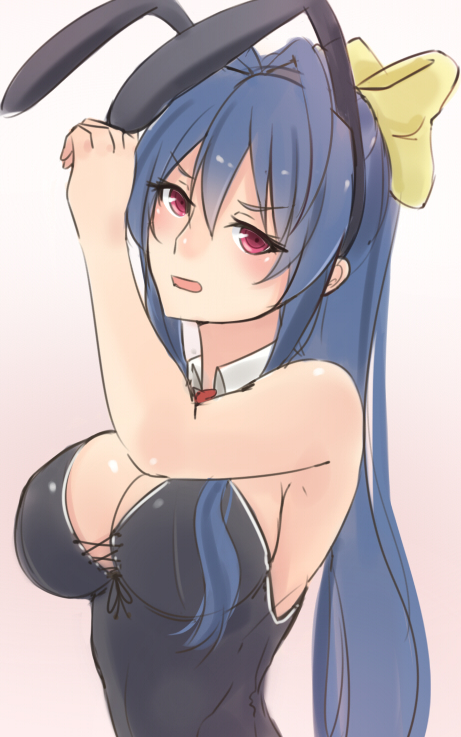 animal_ears antenna_hair bare_shoulders blazblue blazblue_remix_heart blue_hair bluefield blush bow breasts bunny_ears bunny_girl bunnysuit cleavage detached_collar frown genderswap hair_bow hair_ribbon hand_on_headwear large_breasts long_hair mai_natsume ponytail red_eyes ribbon simple_background solo