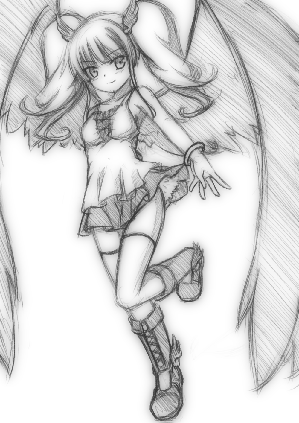 greyscale highres minaha_(playjoe2005) monochrome ririmuhime_(shikihime_zoushi) shikihime_zoushi simple_background sketch smile solo twintails white_background wings