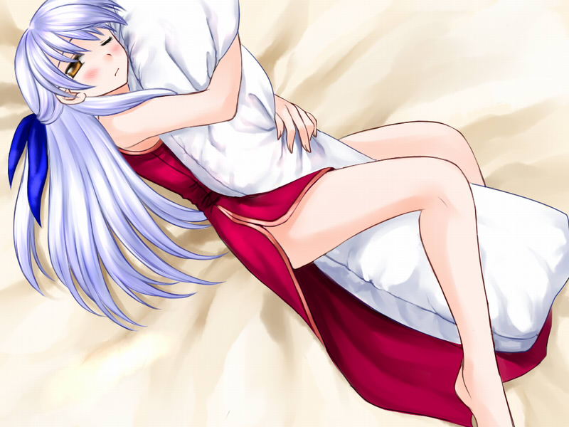 74 bare_shoulders bed_sheet blush dakimakura_(object) dress fire_emblem fire_emblem:_akatsuki_no_megami hair_ribbon half_updo long_hair micaiah no_gloves no_legwear no_shoes one_eye_closed pillow pillow_hug ribbon side_slit silver_hair sleeveless sleeveless_dress solo yellow_eyes