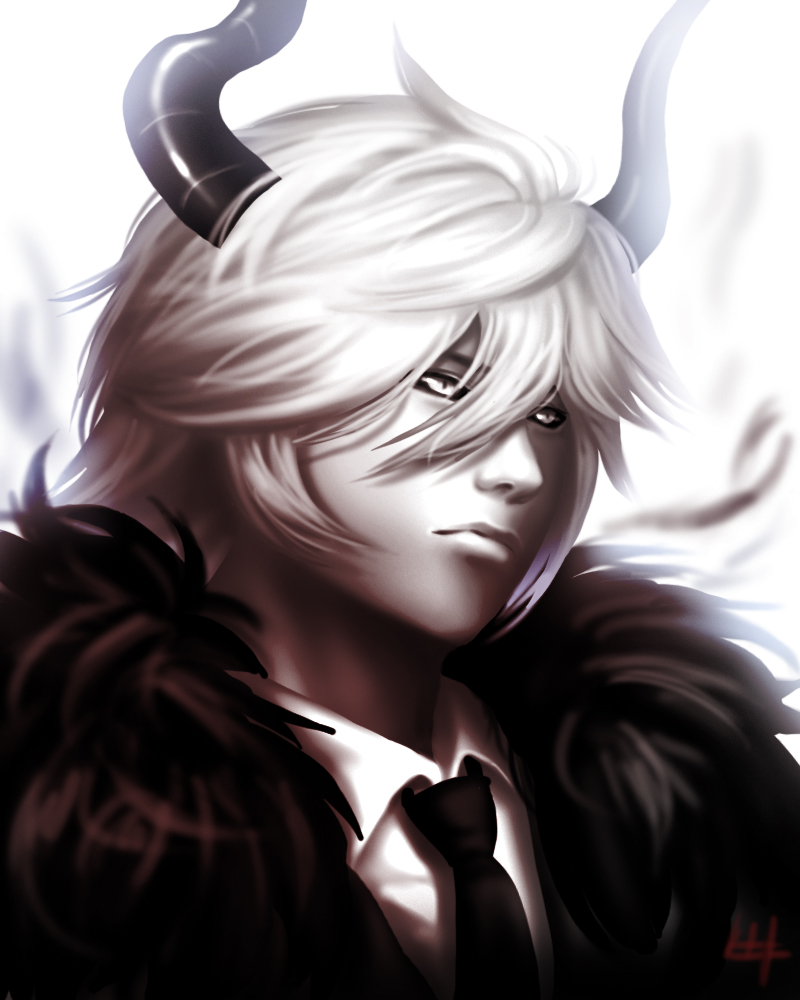demon_boy haiiro_teien horns kcalb male_focus monster_boy necktie ppyag solo white_hair