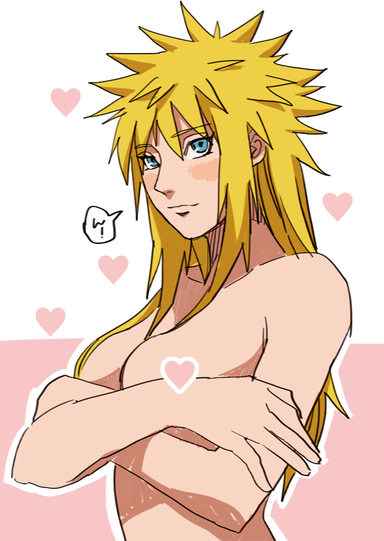 aqua_eyes big__breasts blonde_hair breasts covering_breasts genderswap heart large_breasts looking_at_viewer namikaze_minato naruto nude sexy_no_jutsu simple_background smoke speech_bubble