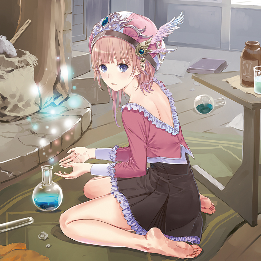 alchemy atelier_(series) barefoot blue_eyes brown_hair dress feet flask frilled_shirt frills full_body hat kishida_mel long_sleeves looking_at_viewer looking_back on_floor potion rororina_fryxell round-bottom_flask shirt short_hair sitting skirt soles solo test_tube toes wariza winged_hat