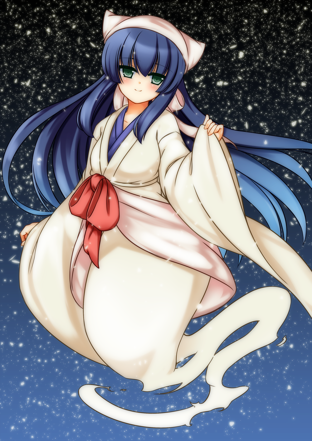 blue_hair blush ghost ghost_tail green_eyes highres long_hair looking_at_viewer minaha_(playjoe2005) shikihime_zoushi smile solo very_long_hair