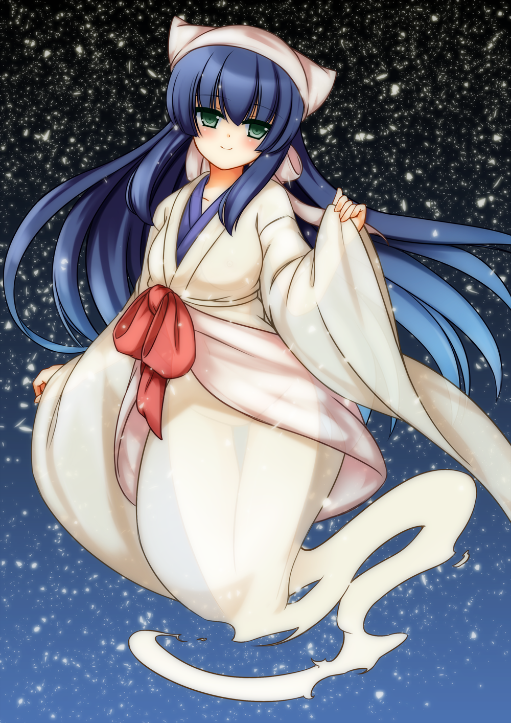 blue_hair blush ghost ghost_tail green_eyes highres long_hair looking_at_viewer minaha_(playjoe2005) see-through shikihime_zoushi smile solo very_long_hair