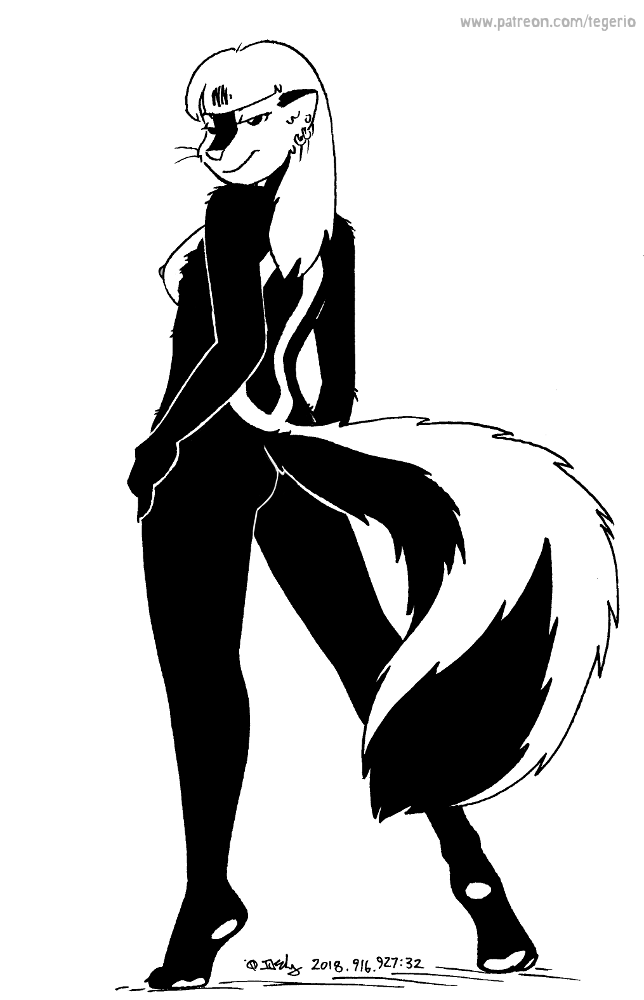 anthro breasts edit female fur hair kelly_o'dor mammal mephitid nude nude_edit pinup pose skunk solo tegerio zandar's_saga zander's_saga