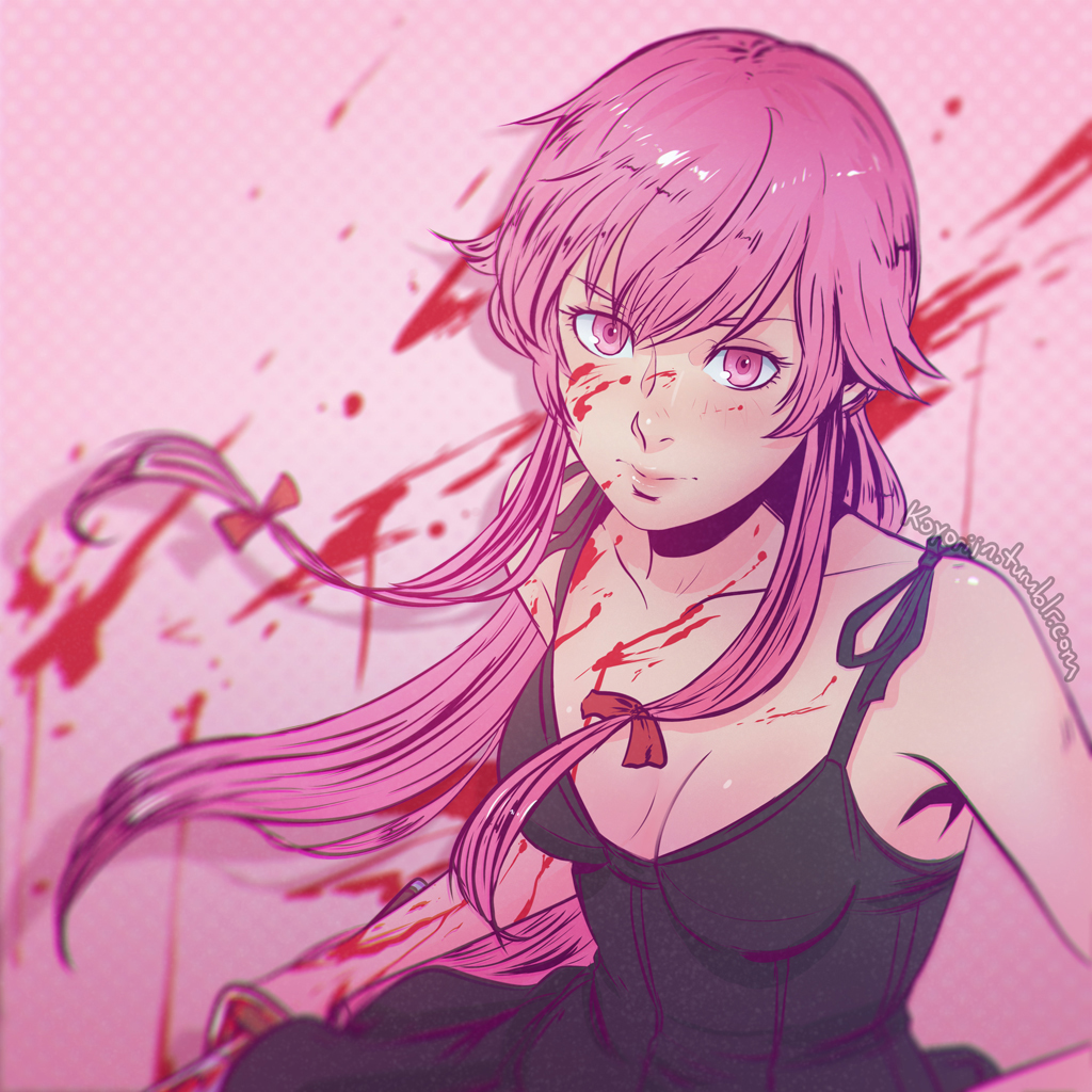bare_shoulders black_dress blood bow breasts cleavage collarbone dress gasai_yuno hair_bow holding koyorin long_hair looking_at_viewer medium_breasts mirai_nikki pink_eyes pink_hair solo twintails weapon