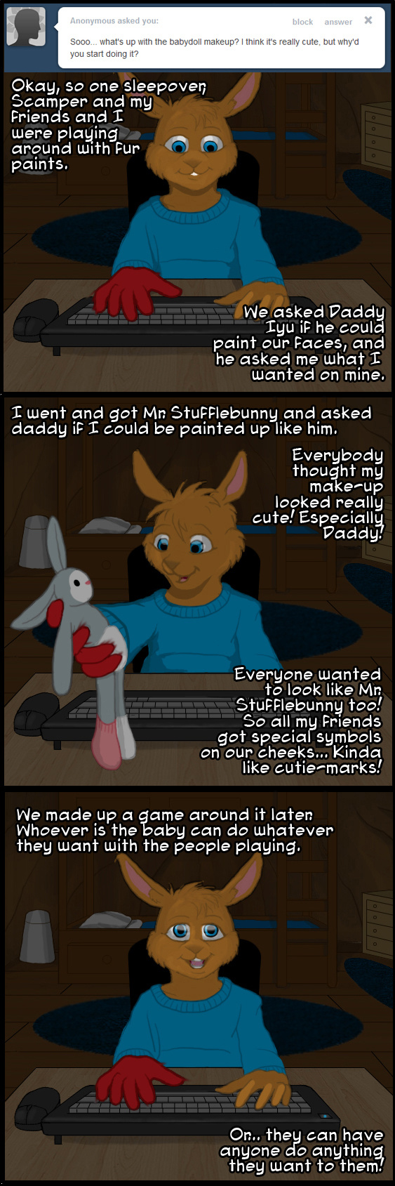 ? anthro bed bedroom blue_eyes brown_fur bunk_bed child clothed clothing comic computer confusion cub dialogue english_text fur gloves inside joeyboy kangaroo keyboard looking_at_viewer male mammal marsupial solo text tumblr unsure webcam what young