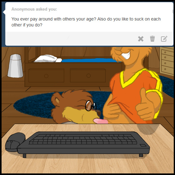 ? anthro bed bedroom blue_eyes brown_fur bunk_bed child clothed clothing comic computer confusion cub dialogue english_text fur gloves inside joeyboy kangaroo keyboard looking_at_viewer male mammal marsupial solo text tumblr unsure webcam what young
