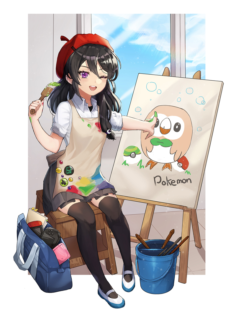 ;d artist_name badge beret black_legwear black_skirt blue_sky bucket button_badge copyright_name creatures_(company) day easel game_console game_freak gen_7_pokemon hair_between_eyes handheld_game_console hat looking_at_viewer nintendo nintendo_3ds nintendo_switch one_eye_closed open_mouth paintbrush painting poke_ball pokemon red_hat risem rowlet shoes short_sleeves sitting skirt sky smile smock thighhighs white_footwear wii_u window