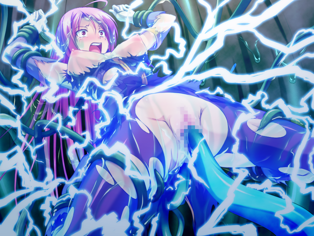 1girl ahoge ass breasts brown_eyes censored crying crying_with_eyes_open daria double_penetration electricity electrocution electrostimulation female game_cg gloves hyoui_henshin_extra_souls long_hair nipples open_mouth pink_hair pussy slime solo tears tentacle torn_clothes torn_legwear torn_pantyhose white_gloves