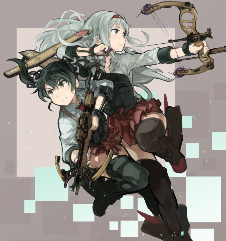 black_footwear boots bow_(weapon) bracer compound_bow crossbow flight_deck gloves green_eyes green_hair grin hakama_skirt headband japanese_clothes kantai_collection long_hair multiple_girls muneate pinero scope shoukaku_(kantai_collection) silver_hair skirt smile thigh_boots thighhighs twintails weapon zuikaku_(kantai_collection)