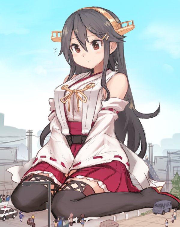 6+girls between_legs black_hair black_legwear blush breasts brown_eyes car closed_mouth day detached_sleeves female_admiral_(kantai_collection) frilled_skirt frills giantess ground_vehicle hair_between_eyes hair_ornament hairclip hand_between_legs haruna_(kantai_collection) headgear kantai_collection large_breasts long_hair motor_vehicle multiple_girls nontraditional_miko outdoors pleated_skirt police_car power_lines red_skirt remodel_(kantai_collection) ribbon-trimmed_sleeves ribbon_trim sidelocks sitting size_difference skirt smile solo_focus standing_on_person student thighhighs utopia van wariza