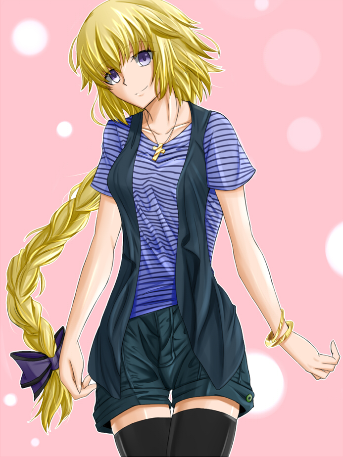 akashiro_sen alternate_costume black_legwear blonde_hair bow bracelet braid casual commentary_request cross cross_necklace fate/apocrypha fate_(series) hair_bow jeanne_d'arc_(fate) jeanne_d'arc_(fate)_(all) jewelry long_hair looking_at_viewer necklace purple_bow purple_eyes shorts single_braid smile solo thighhighs type-moon very_long_hair