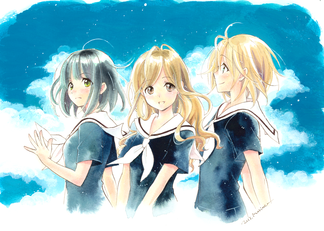 3girls acrylic_paint_(medium) arms_behind_back artist_name bangs black_hair blonde_hair blunt_bangs bob_cut brown_hair cloud long_hair maria-sama_ga_miteru marine_(confeitokobo) millipen_(medium) multiple_girls nijou_noriko satou_sei school_uniform serafuku short_hair short_sleeves sky toudou_shimako traditional_media watercolor_(medium)