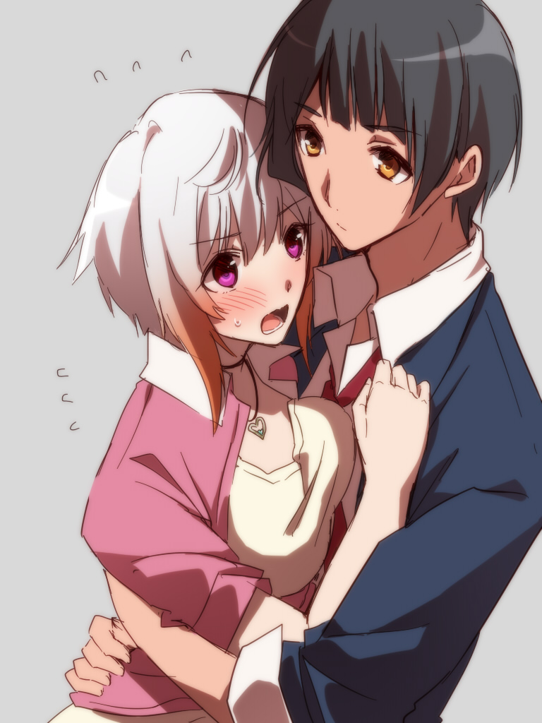 1boy 1girl aquarion_logos black_hair blush breasts brown_eyes grey_hair jacket kaibuki_akira multicolored_hair necklace necktie open_mouth purple_eyes short_hair tsukigane_maia