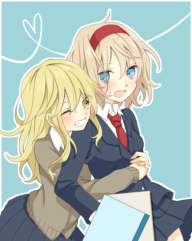 alice_margatroid alternate_costume blonde_hair blue_eyes blush contemporary hairband heart hug hug_from_behind kirisame_marisa long_hair multiple_girls necktie one_eye_closed open_mouth school_uniform short_hair smile touhou tsuno_no_hito yellow_eyes yuri