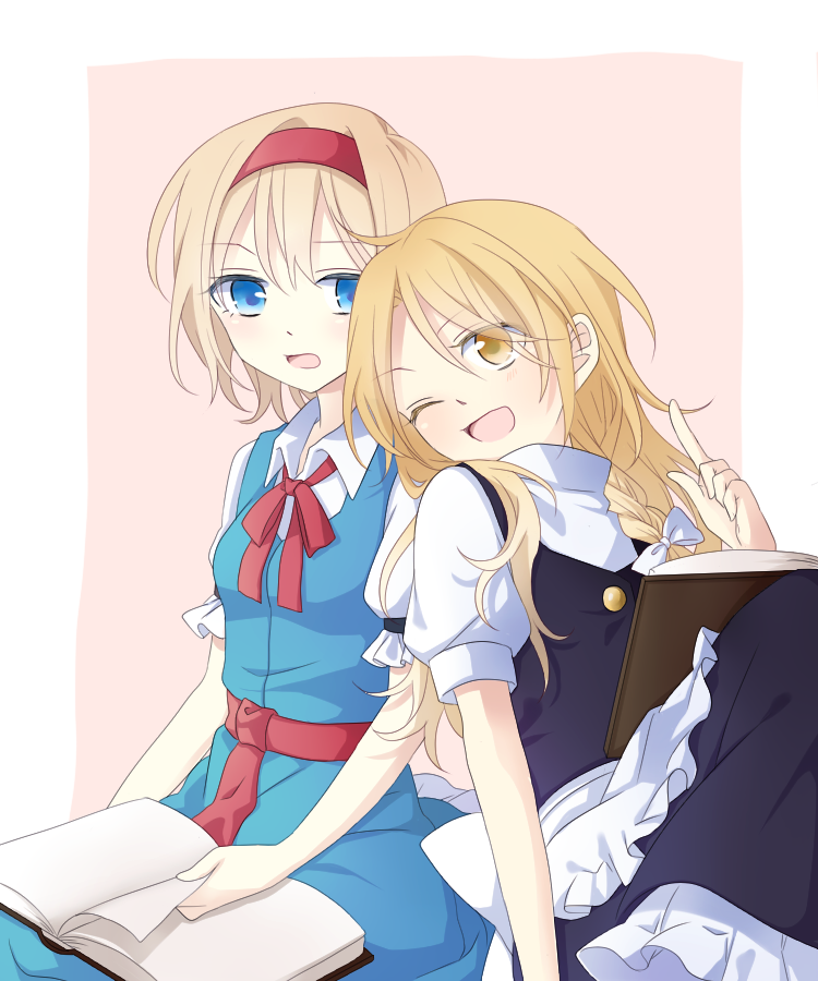 alice_margatroid apron blonde_hair blue_eyes blush book braid couple hairband kirisame_marisa long_hair multiple_girls no_hat no_headwear one_eye_closed open_book open_mouth short_hair short_sleeves side_braid sitting smile touhou tsuno_no_hito waist_apron yellow_eyes yuri