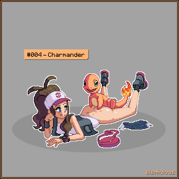 1boy 1girl ass ass_grab bestiality bottomless brown_hair charmander fire hat legs_up long_hair looking_back lying on_stomach pixel_art pokemon pokemon_(game) sex shorts_removed sismicious smile tail touko_(pokemon) vaginal