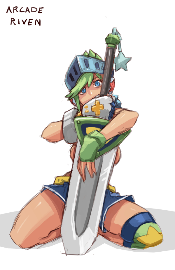 alternate_costume arcade_riven blue_eyes breasts character_name convenient_censoring fingerless_gloves gloves green_hair helmet huge_weapon kneeling league_of_legends medium_breasts mismatched_gloves planted_sword planted_weapon riven_(league_of_legends) shorts sideboob solo sword topless weapon whistle_frog