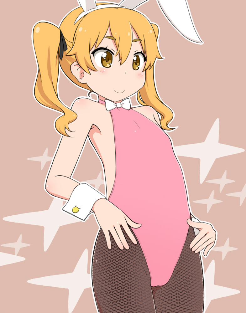 blonde_hair bow bowtie bunnysuit eyebrows fishnet_pantyhose fishnets flat_chest hikaru_(houkago_no_pleiades) houkago_no_pleiades leotard long_hair pantyhose pink_leotard smile solo standing tomboo twintails wrist_cuffs yellow_eyes