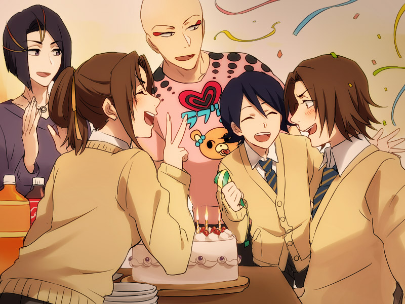 4boys :d asano_keigo asano_mizuho ayasegawa_yumichika bald birthday_cake bleach blush brown_hair cake folded_ponytail food jewelry kojima_mizuiro madarame_ikkaku multiple_boys necklace necktie open_mouth party_popper profile school_uniform smile striped striped_neckwear v yukin_(es)