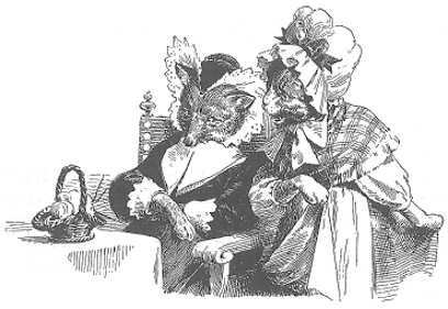 1812 anthro basket black_and_white bonnet canine cat chair clothed clothing dress feline female fox grimm's_fairy_tales hat lace mammal monochrome mrs_fox ribbons shawl table table_cloth the_wedding_of_mrs_fox traditional_media_(artwork)