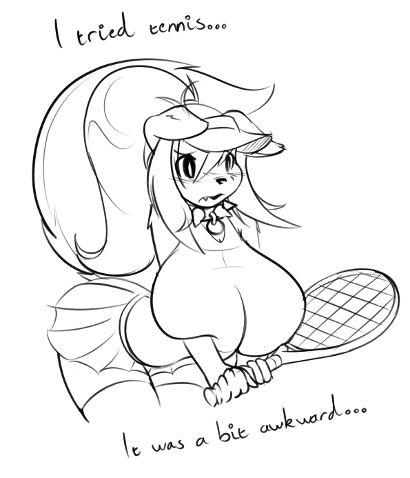 anthro big_breasts breast_squish breasts canine clothed clothing collar english_text fangs female fox fur fyxe hair huge_breasts long_hair mammal monochrome solo tennis tennis_racket text visor wide_hips